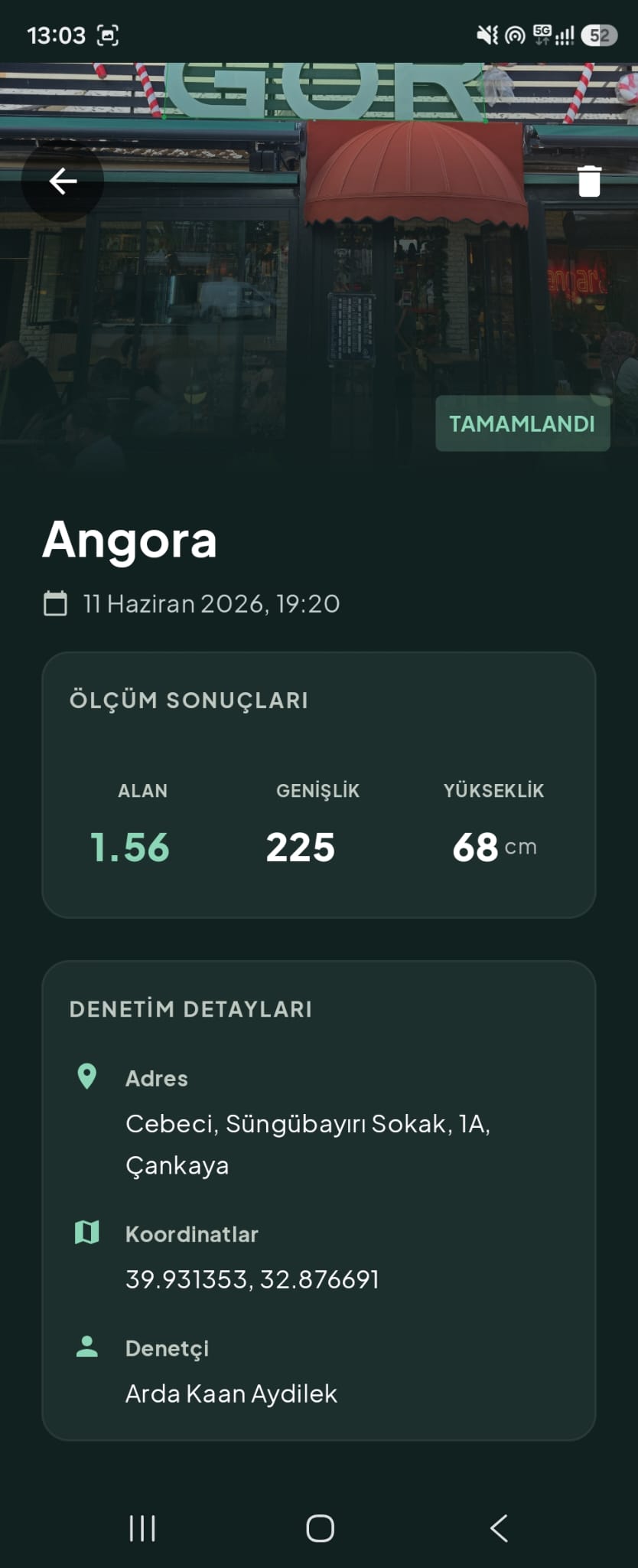 Ölçüm sonucu — AR overlay