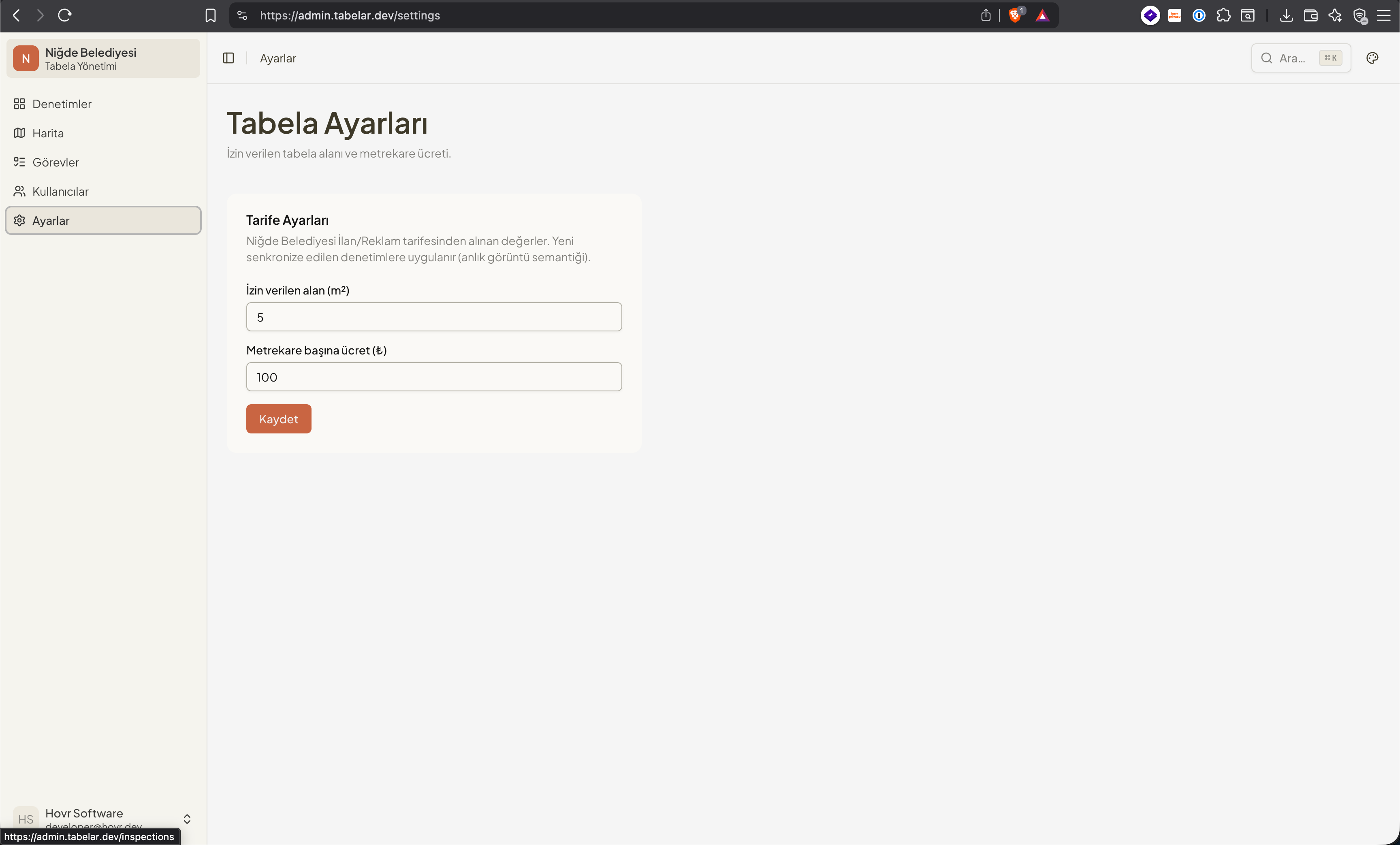 Tabela Ayarları — tarife