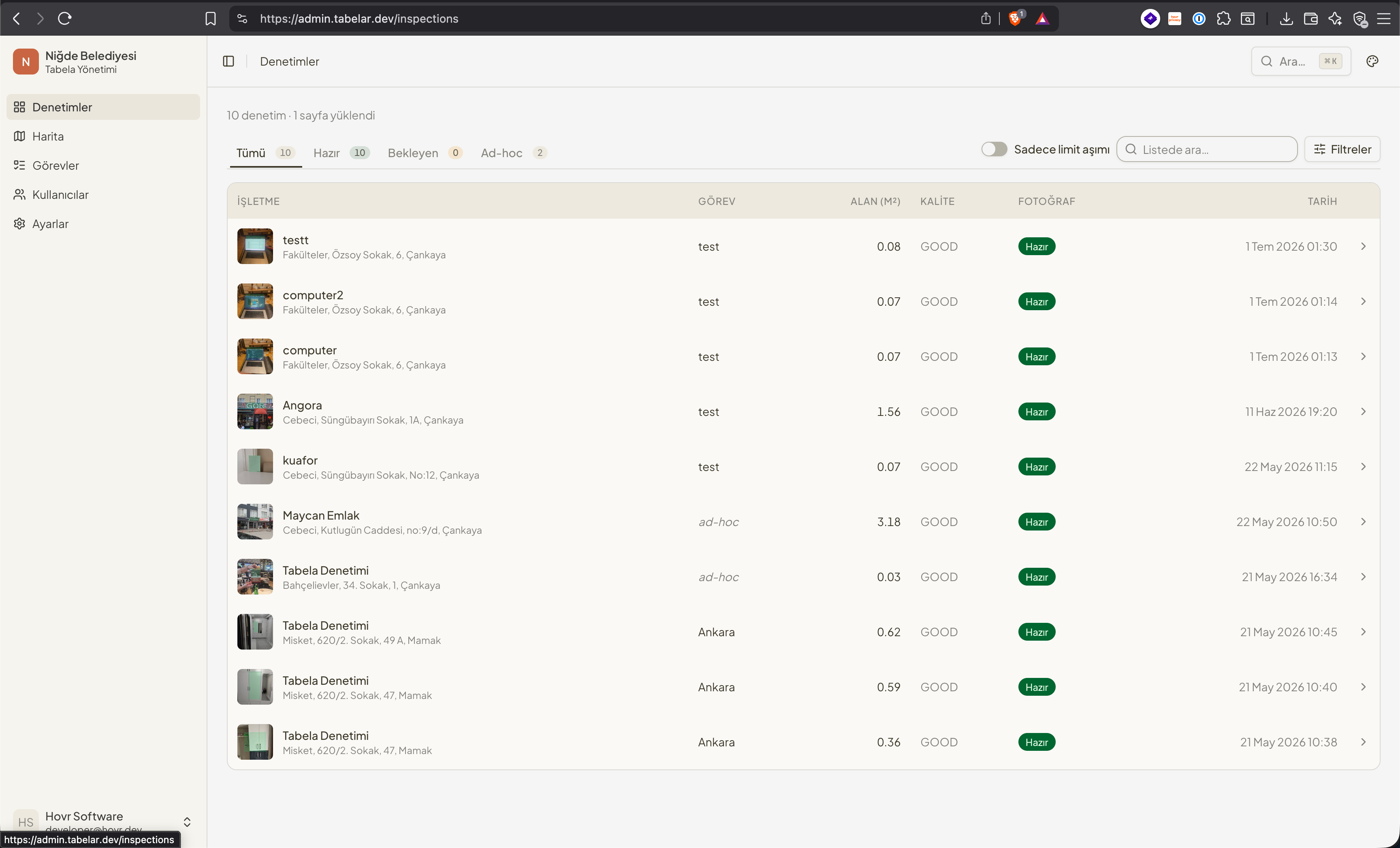 Web paneli — denetimler tablosu